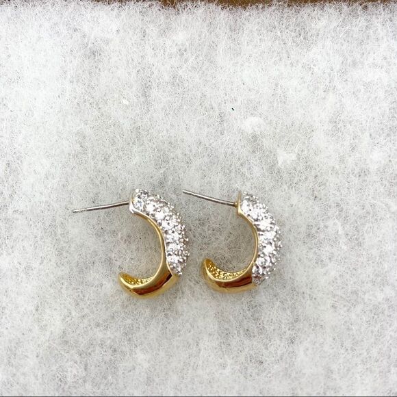 Gold and pavé half hoop post earrings - Picture 3 of 9